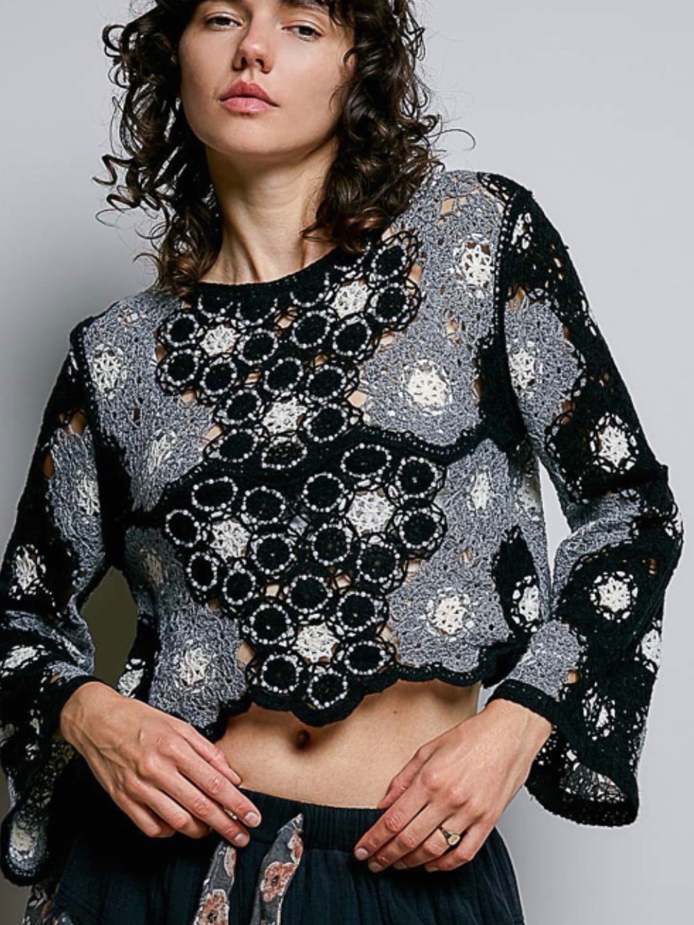 NEW POL CROCHET BLACK BEADED TOP OS